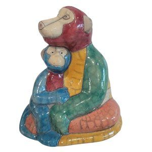 Vintage Raku Fenix pottery baboo and baby colorful figurine.
